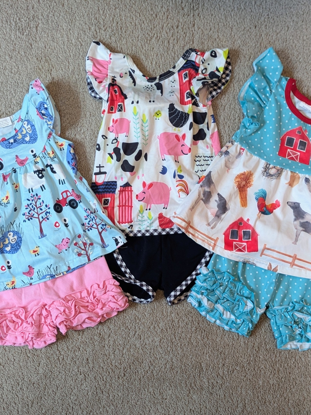 3 Sets Of Baby Girl 6-12 Month Farm Animal Ruffle Short Sets